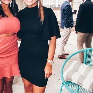 Black cocktail dress, mini, high neck, ruffle sleeves, size XS